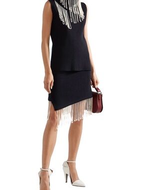 Calvin Klein 205W39NYC Black Knit Asymmetrical Skirt with White Fringe